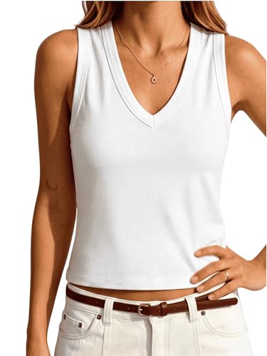 Prettywear Women's V Neck Cropped Tank Tops Cotton Blend Basic T-Shirts Slim Fit Cute Casual Sleeveless Workout Top 2026 Summer White