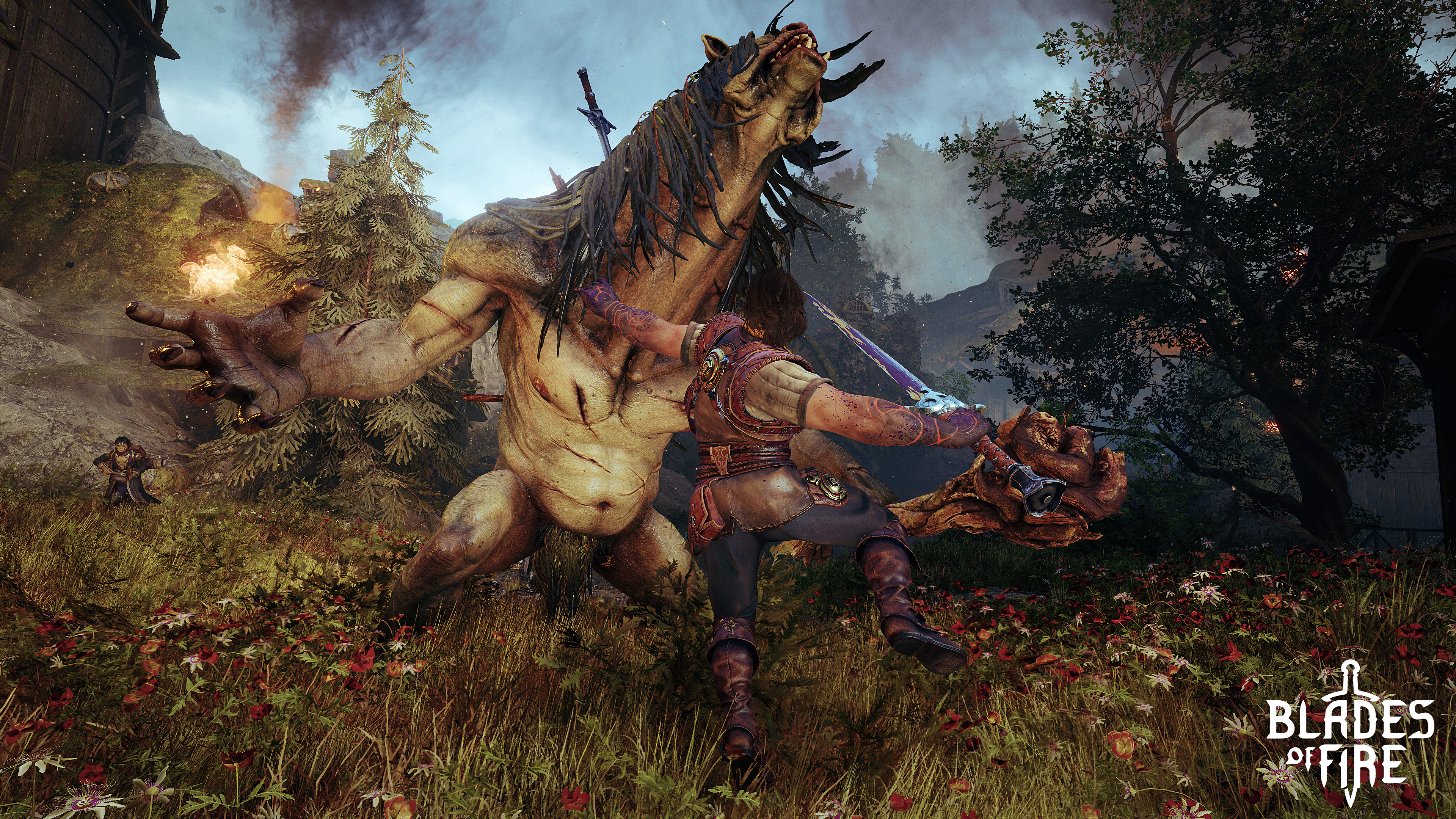 The protagonist attacks a large enemy in Blades of Fire.