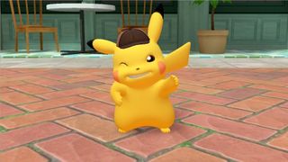 Detective Pikachu smiling and giving a thumbs up