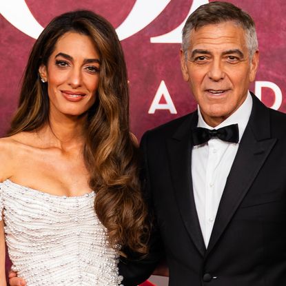 Amal Clooney attends the 2025 Tony Awards in a pearl-embellished dress.