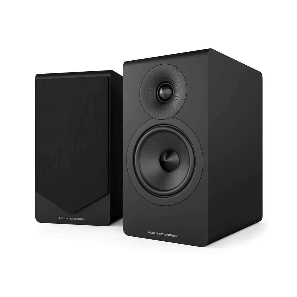 A black pair of Acoustic Energy AE300 Mk2 speakers on a white background