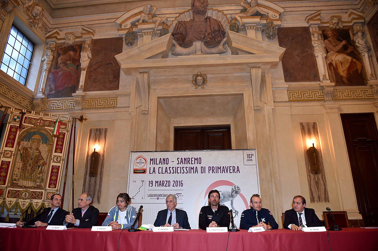 Peter Sagan, Fabian Cancellara and Alexander Kristoff appear before the press ahead of Milan-San Remo