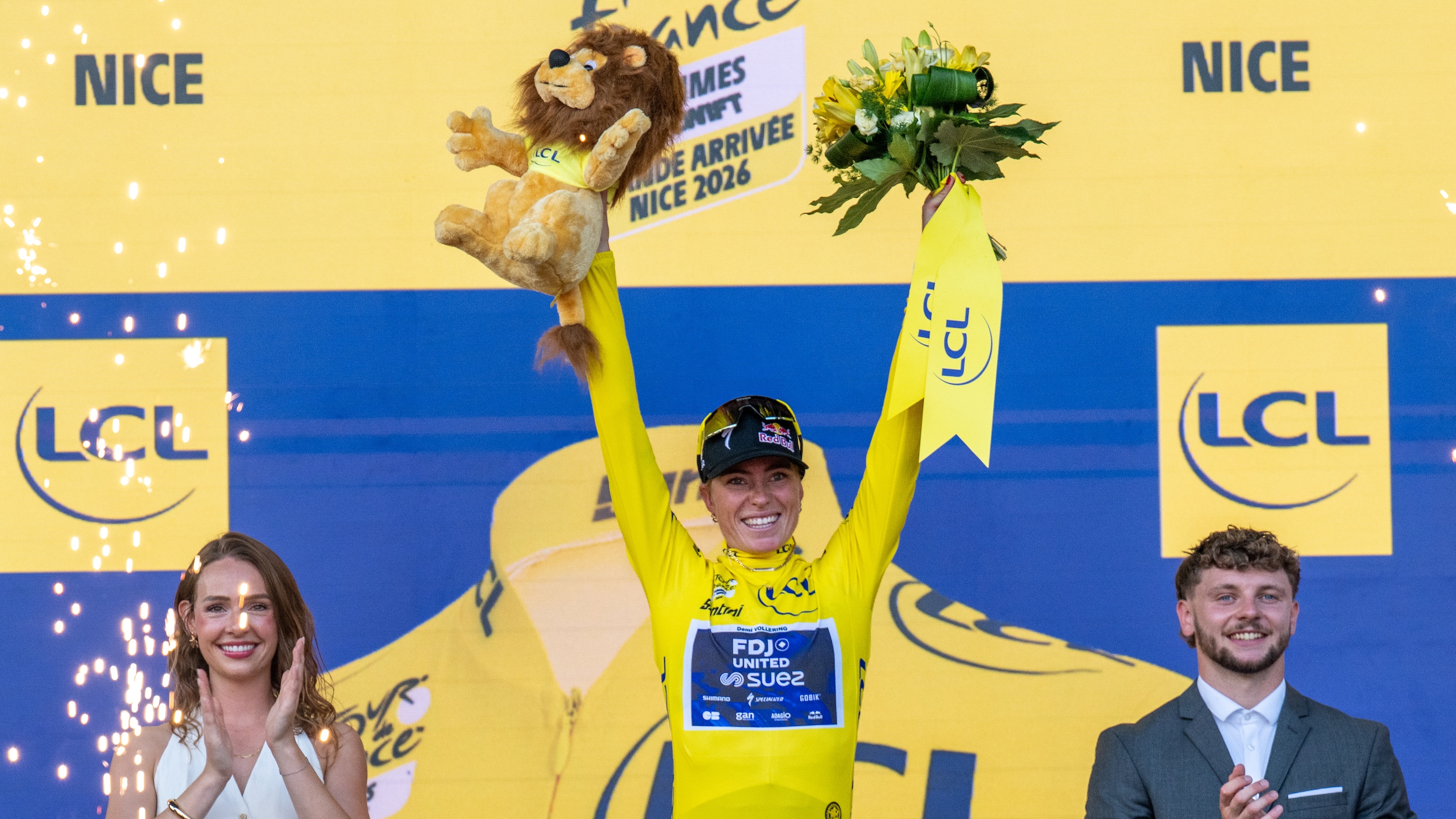 Demi Vollering on the podium of the 2026 Tour de France Femmes