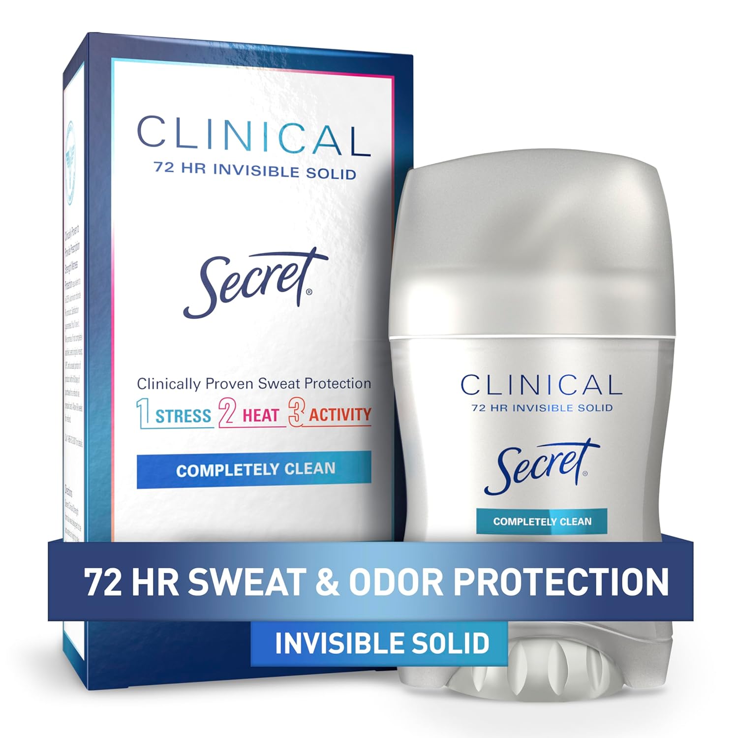 Secret Clinical Strength Antiperspirant Deodorant for Women, 3x Stress Protection, 72hr Sweat &amp;amp; Odor Protection, Ph Balancing Minerals, Invisible Solid, Completely Clean Scent, 1.6 Oz