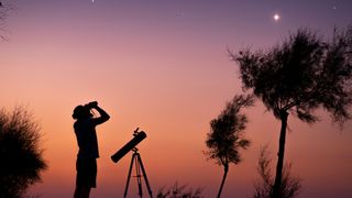 Man observing with binoculars at night