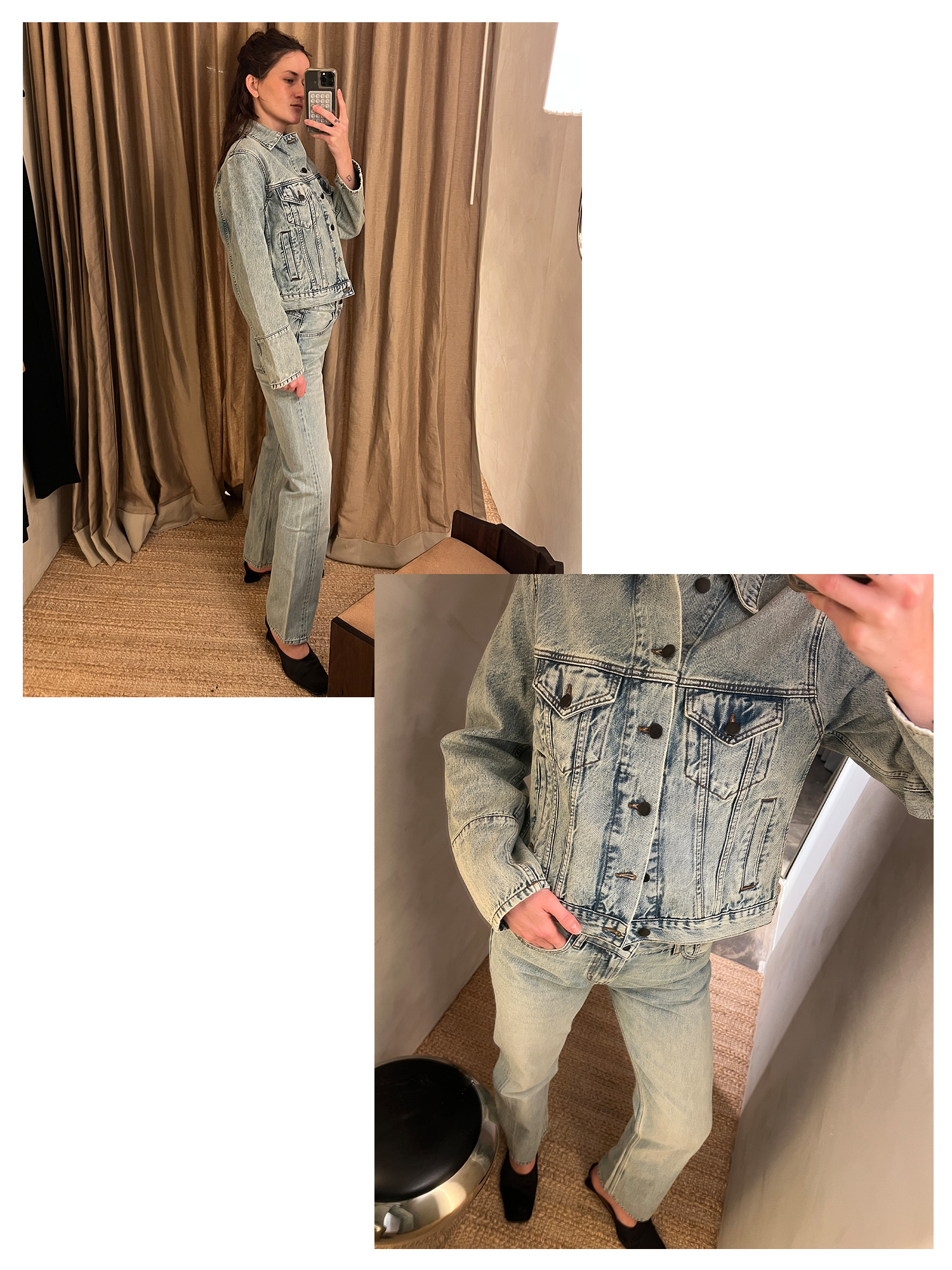 Two photos of Eliza Huber trying on a denim jacket and jeans from Kallmeyer's Upper East Side store's dressing room.