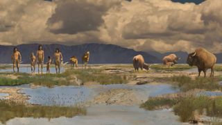 Illustration of ancient humans in White Sands, which has grass, ponds, birds and bison with mountains in the background.