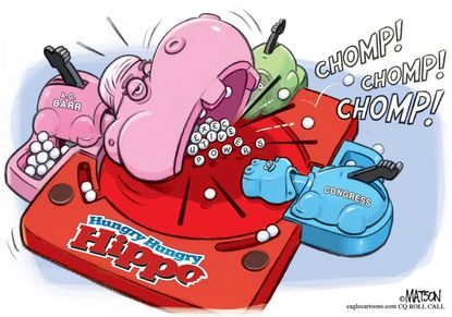 Political Cartoon U.S. Bill Barr DOJ Hungry Hungry Hippos