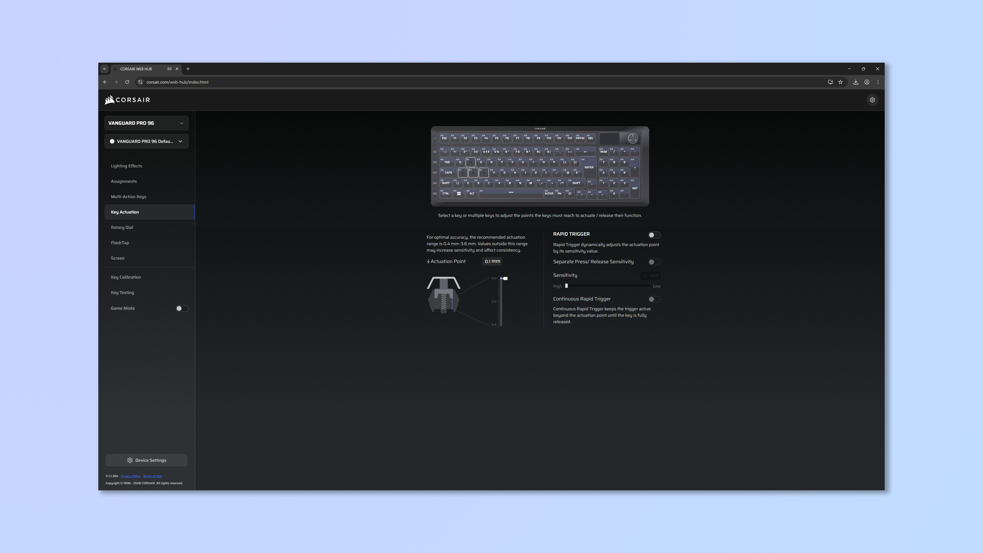 A screenshot showing the Corsair Web Hub being used to modify the Corsair Vanguard Pro 96