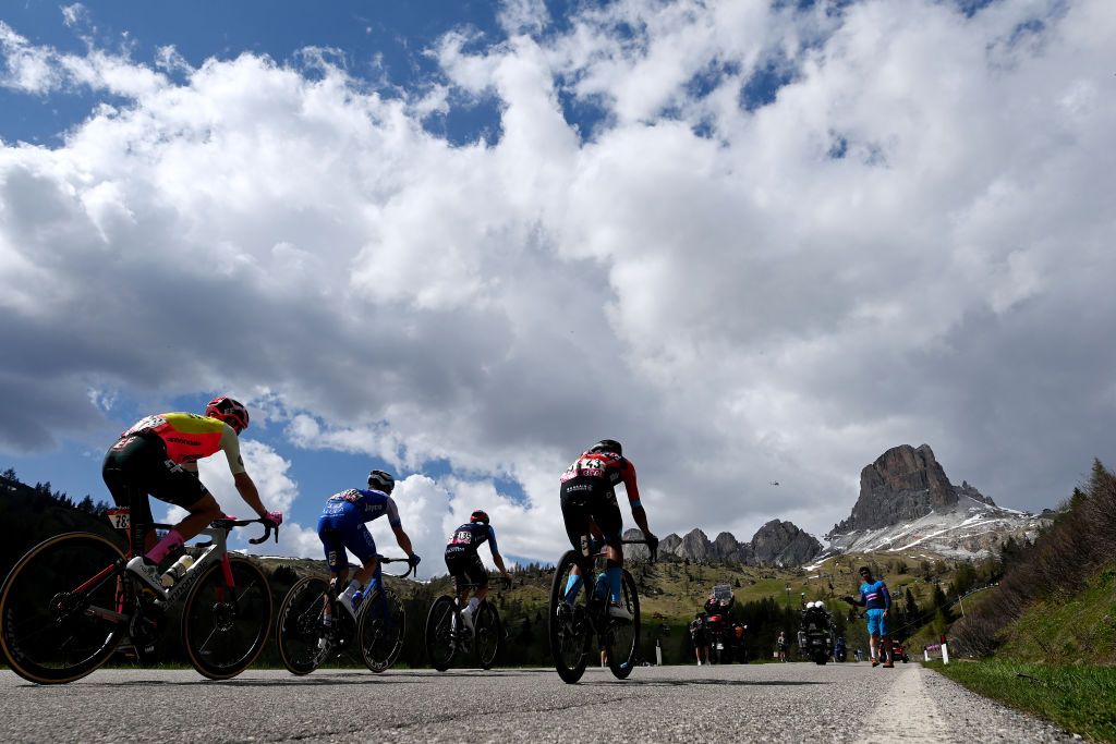 TRE CIME DI LAVAREDO ITALY MAY 26 LR Vadim Pronskiy of Kazakhstan and Astana Qazaqstan Team and Nicolas Prodhomme of France and AG2R Citron Team compete in the chase group at the Passo Giau 2236m during the 106th Giro dItalia 2023 Stage 19 a 183km stage from Longarone to Tre Cime di Lavaredo 2307m UCIWT on May 26 2023 in Tre Cime di Lavaredo Italy Photo by Tim de WaeleGetty Images