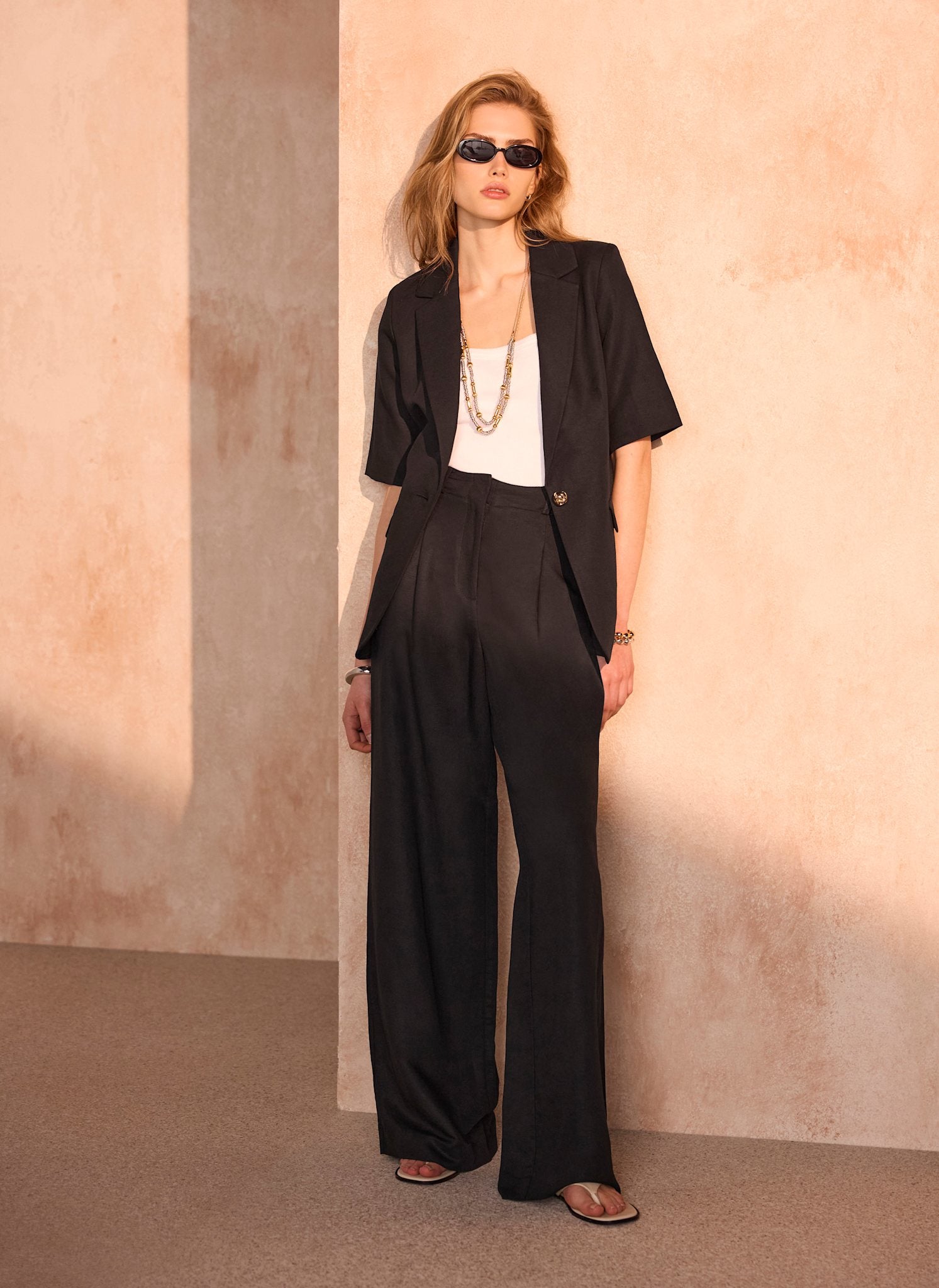 Black Linen Blend Wide Trousers