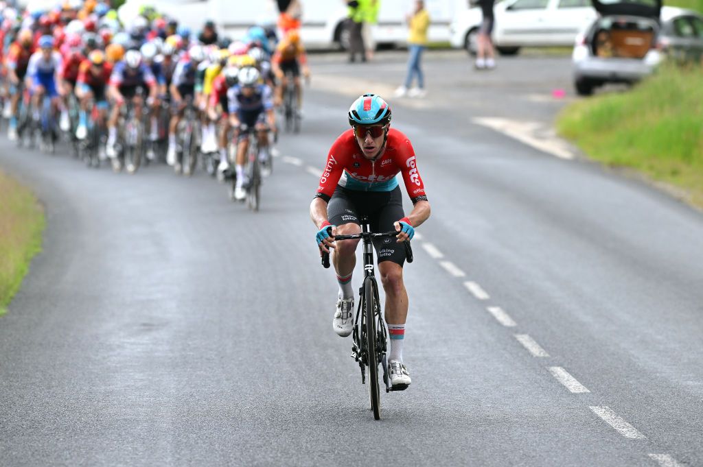 LA CHAISEDIEU FRANCE JUNE 05 Harry Sweeny of Australia and Team Lotto Dstny attacks during the 75th Criterium du Dauphine 2023 Stage 2 a 1673km stage from BrassaclesMines to La ChaiseDieu 1080m UCIWT on June 05 2023 in La ChaiseDieu France Photo by Dario BelingheriGetty Images