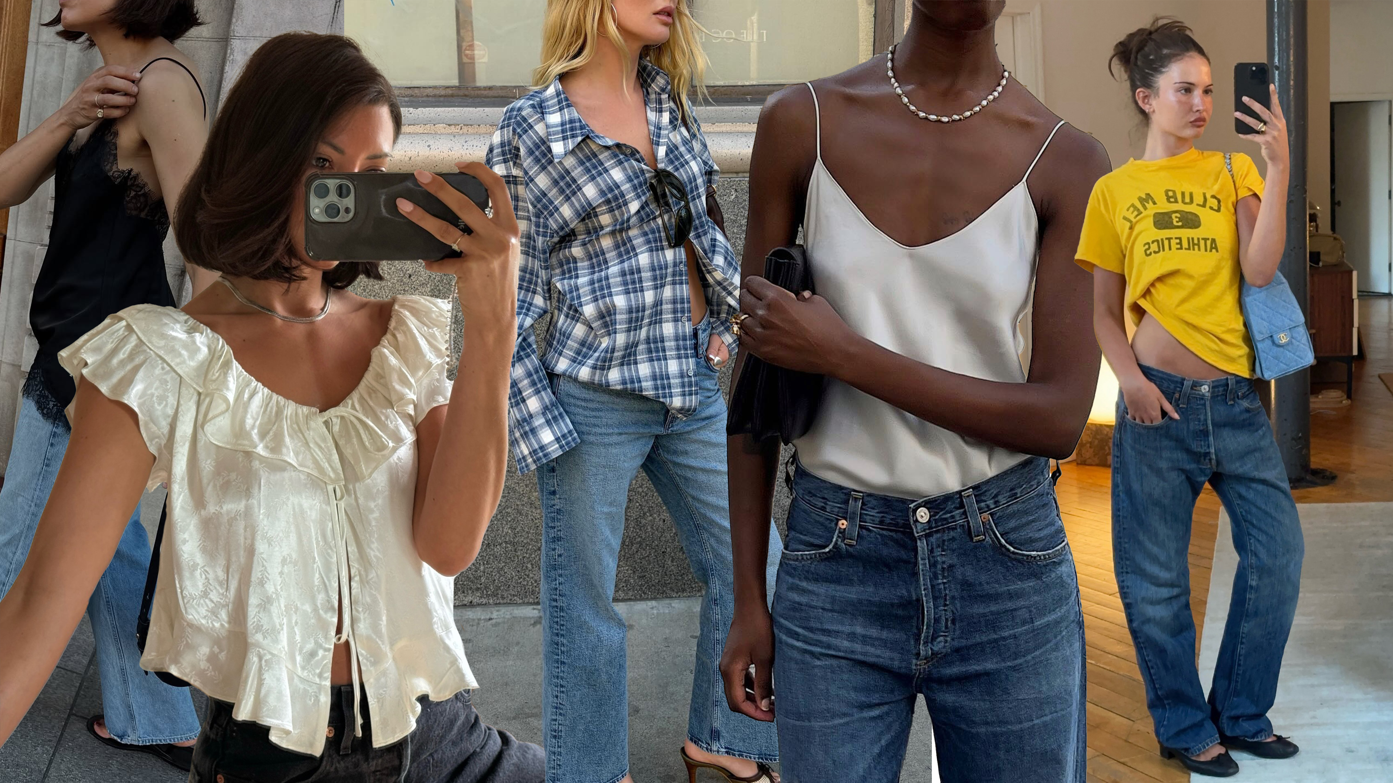 @smythesisters wearing a silk top; @lucyalston_ wearing a lace-trim camisole; @meganadelaide wearing a plaid button-down; @sylviemus_ satin camisole; @rubylyn_ wearing a graphic tee