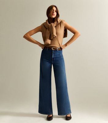 Blue High Waist Stretch Denim Wide Leg Jeans