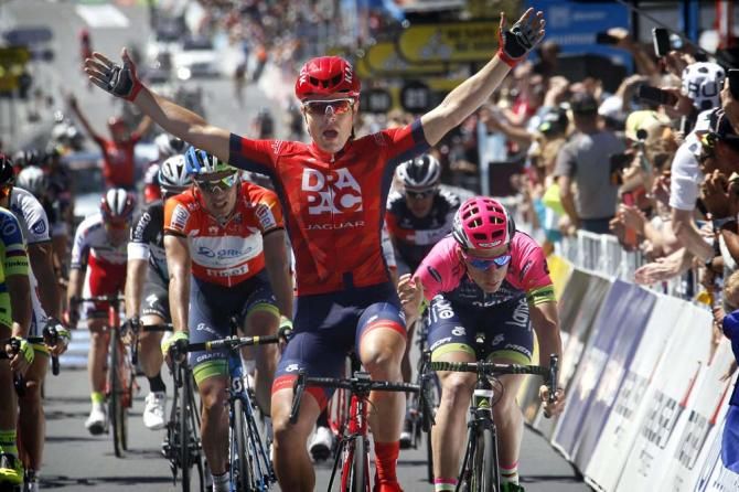 Wouter Wippert (Drapac) celebrates his big win at the Tour Down Under