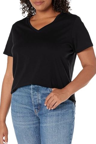  Womens Ss Relaxed Supima V Neck T Shirt Black Plus 2x