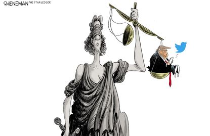 Political Cartoon U.S. Trump William Barr Twitter lady justice scales unbalanced tweets