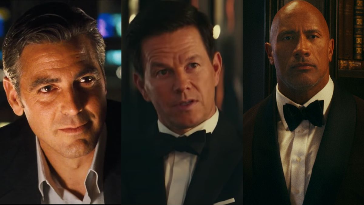 George Clooney in Ocean&#039;s Eleven, Mark Wahlberg in Uncharted, and Dwayne Johnson in Red Notice, all pictured in tuxedos, side by side.