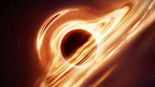 an illustration of a black hole with bright material being ejected out of it