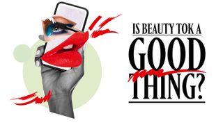 An illustration of a hand holding a smart phone with exaggerated eye makeup and lipstick