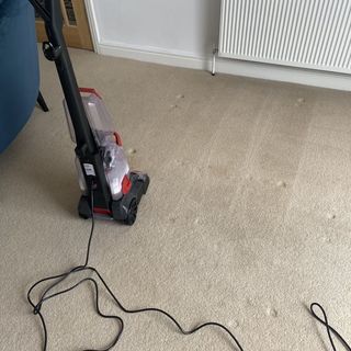 A first try on the carpet cleaner, using it back and forth on a cream carpet