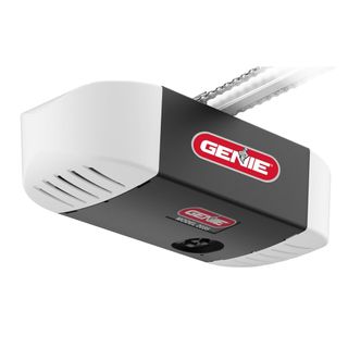 A white and dark gray garage door opener with a red logo on the front and chains hanging from it