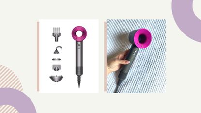 Collage of images showing the Dyson Supersonic and its attachments