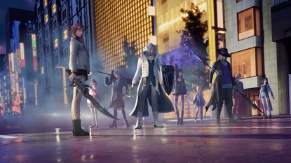 a group of characters lined up on a street in Dissidia Duellum Final Fantasy