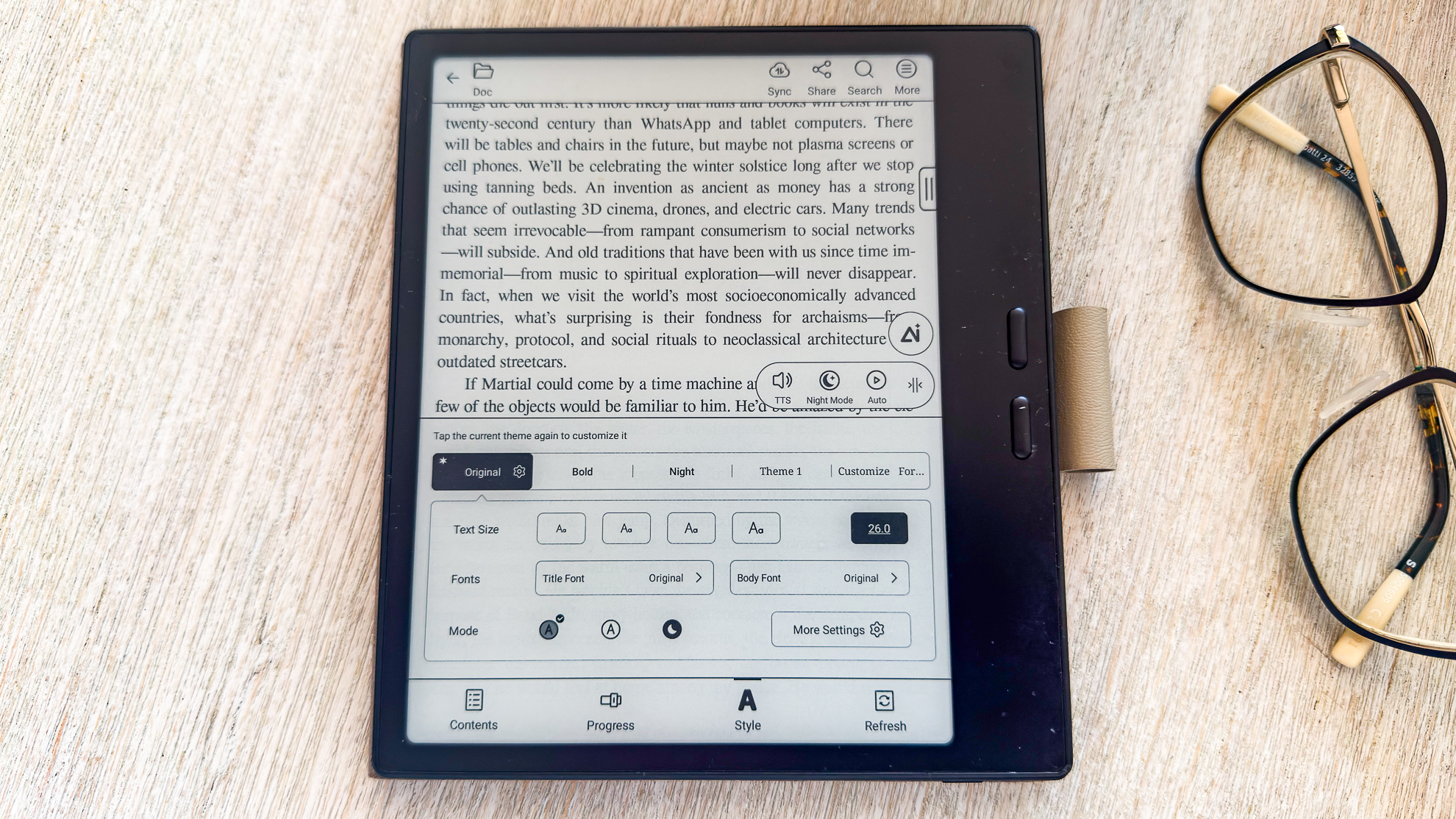 Ebook settings in the native library application on the Boox Go 7 ereader