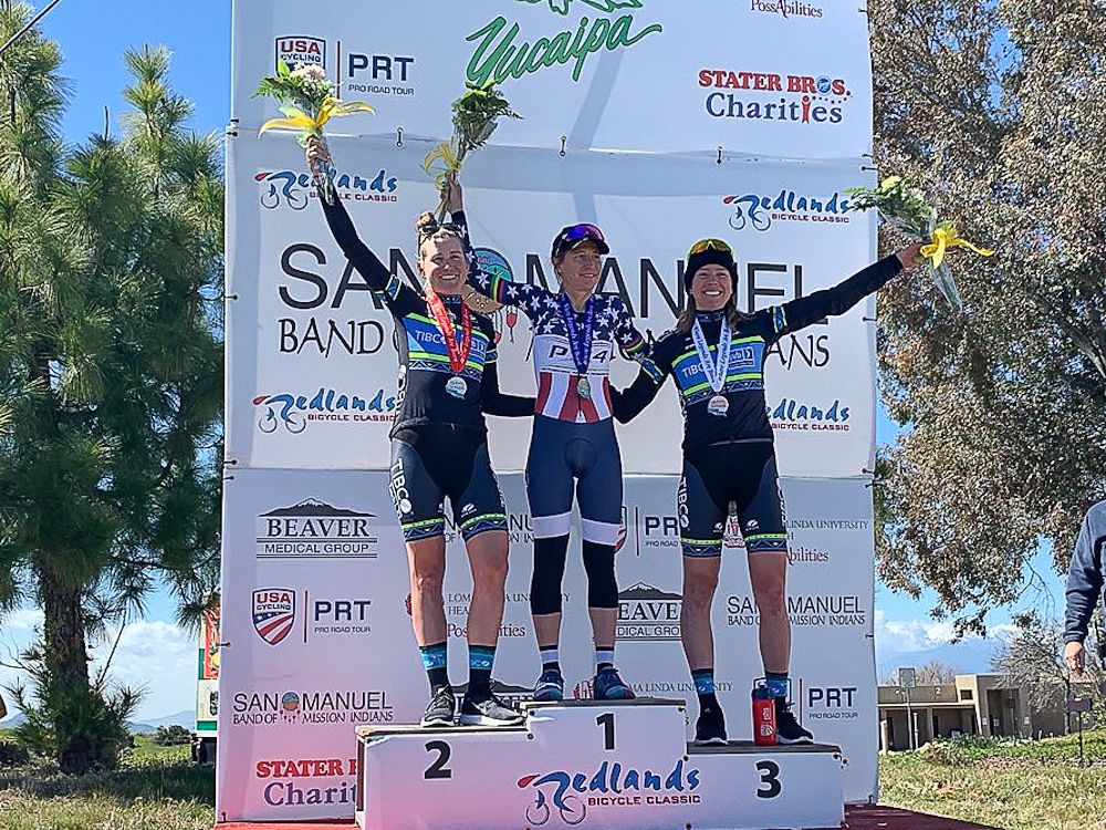Lauren Stephens, Amber Neben and Emily Newsom on the Redlands Bicycle Classic stage 1 podium