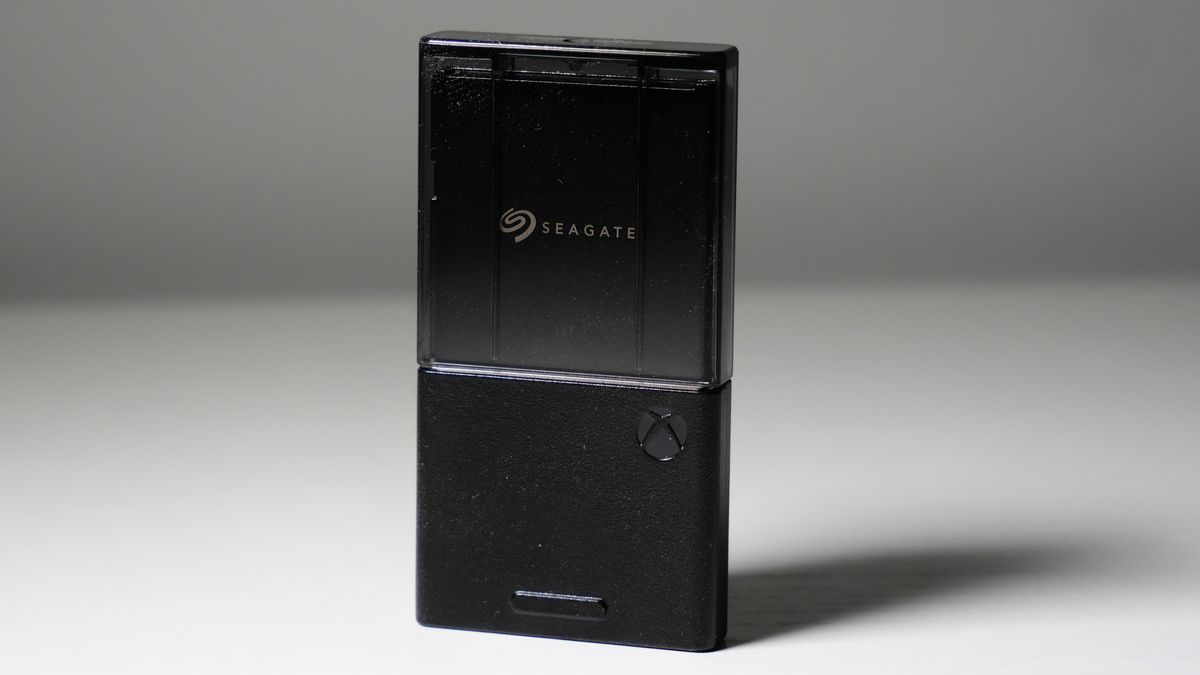 4TB Seagate Storage Expansion Card on a white desk, highlighting its light-and-thin design.