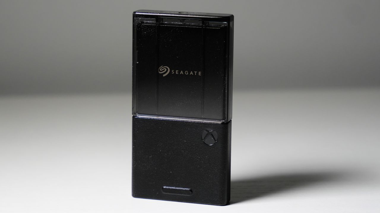 4TB Seagate Storage Expansion Card on a white desk, highlighting its light-and-thin design.