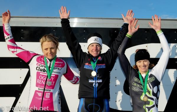 Elite Women's podium (L to R) Natasha Elliot (Garnerau Club Chaussure) 2nd, Laura Van Gilder (C3 Athletes Serving Athletes) 1st, Sally Annis (Crossresults) 3rd