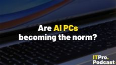 The text "Are AI PCs becoming the norm?" against a dark macro photo of a laptop keyboard and screen. The words "AI PCs" are in yellow, the rest are in white. In the bottom-right corner, the ITPro podcast is shown.