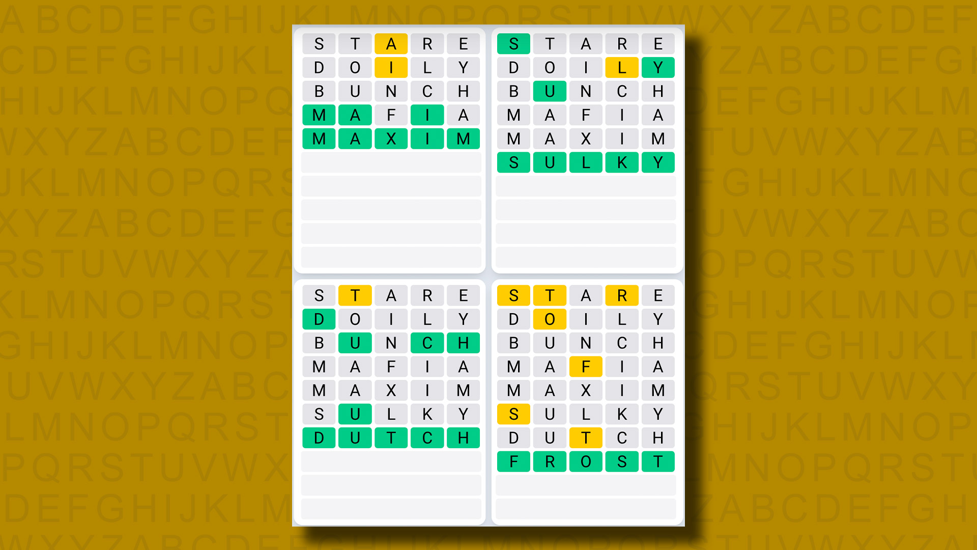Respuestas de secuencia diaria del juego Quordle 891 sobre un fondo amarillo