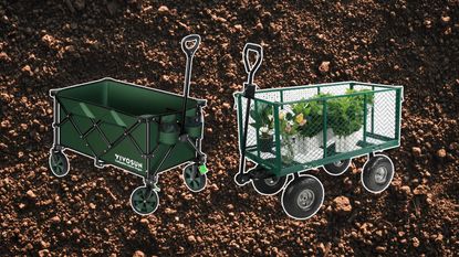 Two green gardening carts on a background of brown soil