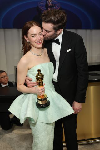 Emma Stone, winner of the Best Actress in a Leading Role award for 'Poor Things,' and Dave McCary attend the Governors Ball during the 96th Annual Academy Awards at Dolby Theatre on March 10, 2024 in Hollywood, California.