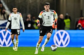 Kai Havertz of Germany runs with the ball during the international friendly match between France and Germany at Groupama Stadium on March 23, 2024 in Lyon, France.(Photo by Eurasia Sport Images/Getty Images)