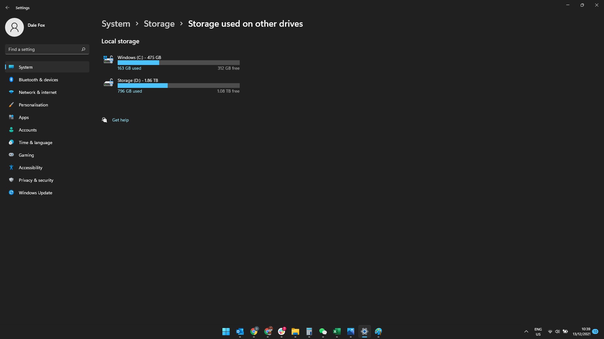 Screenshot of Windows 11 Storage used on other drives page, showing two drives
