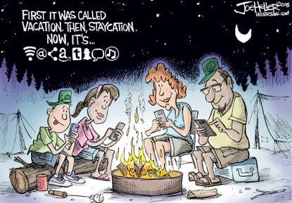 Political cartoon U.S. vacation staycation social media twitter facebook instagram