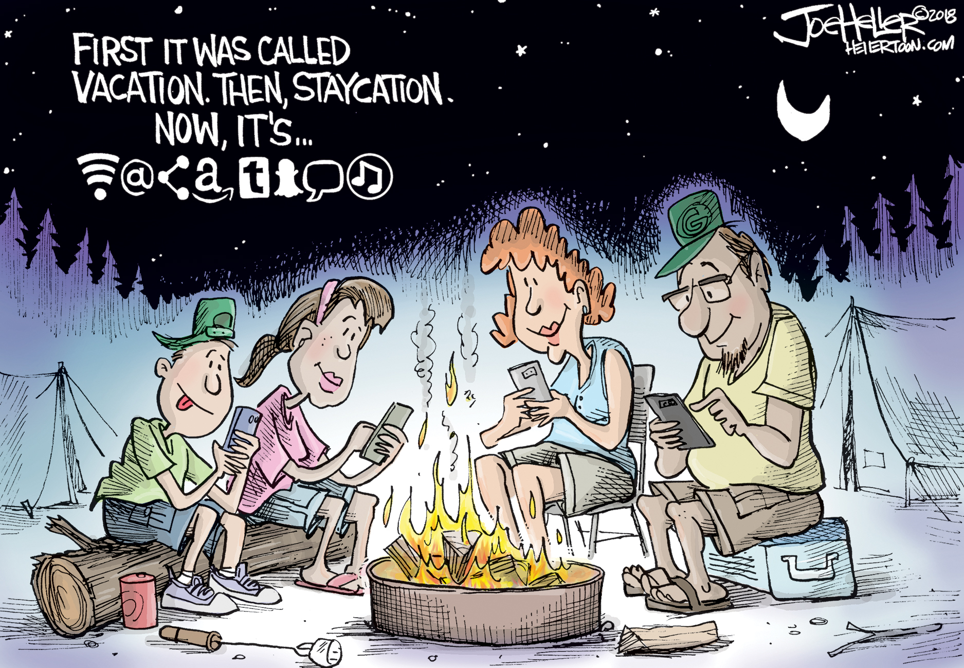 Political cartoon U.S. vacation staycation social media twitter facebook instagram