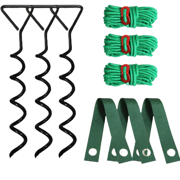 a set of items for planting and supporting trees including straightening canes