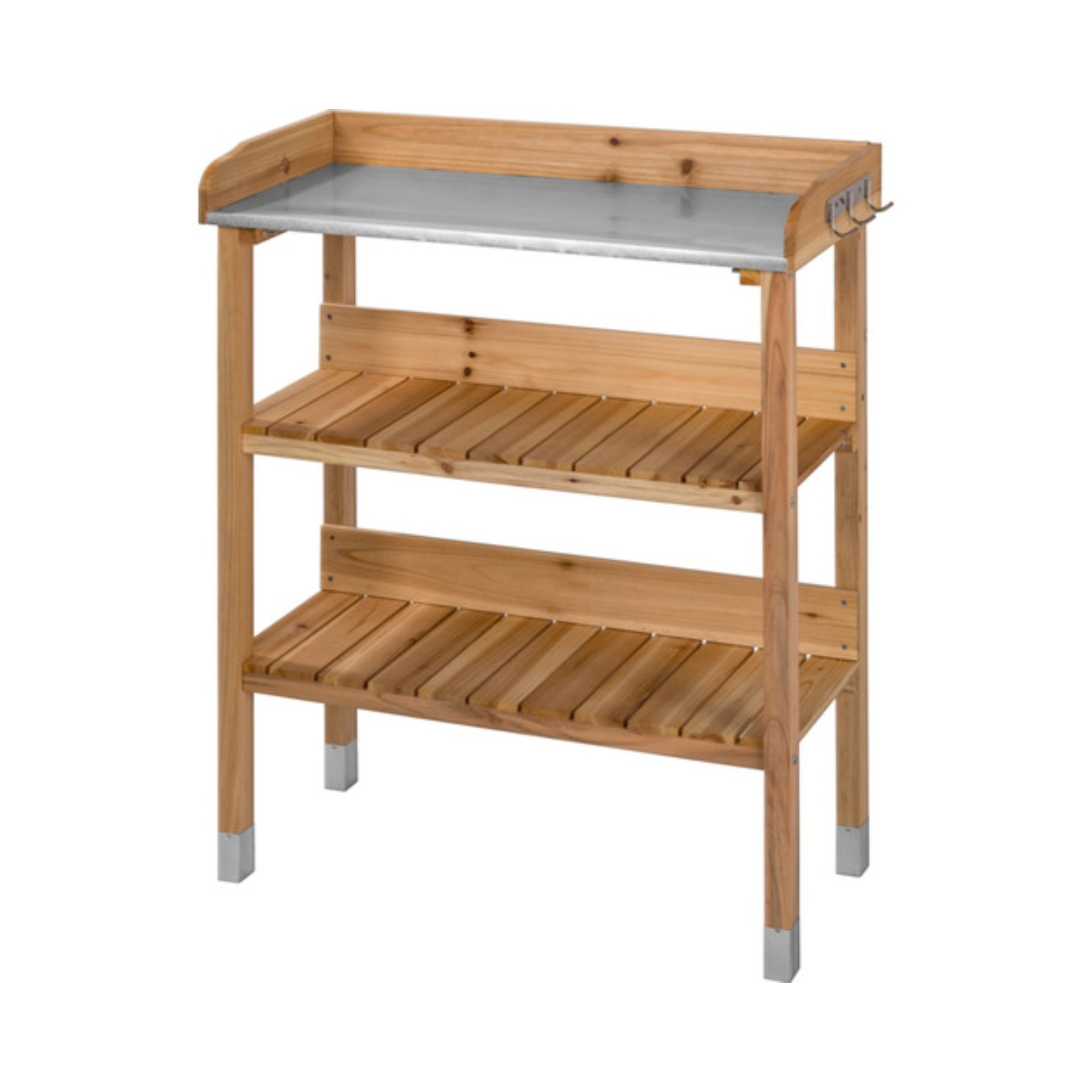 Wood potting bench with metal work surface