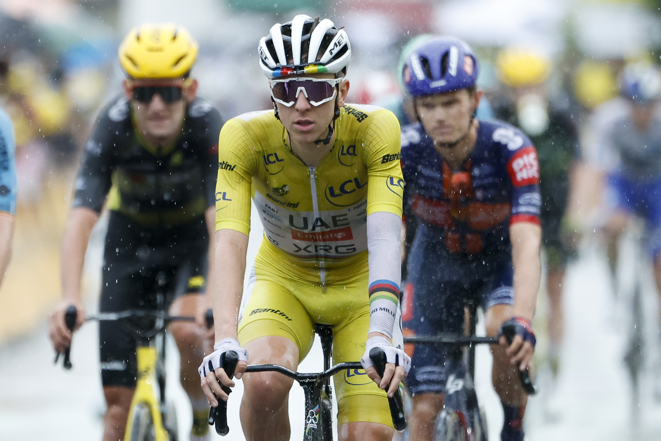 Tadej Pogačar finishes stage 17 of the Tour de France in Valence