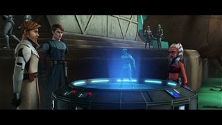Still from the animated Star Wars: The Clone Wars (movie). Here we see Obi-Wan Kenobi (short light brown/ginger hair and beard), Anakin Skywalker (slightly longer hair) and Ahsoka (orange skin, white face markings, white head tails with blue stripes) standing around looking at hologram of a person.