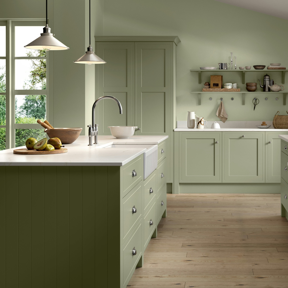 kitchen painted in farrow &amp;amp; ball vert de terre green paint