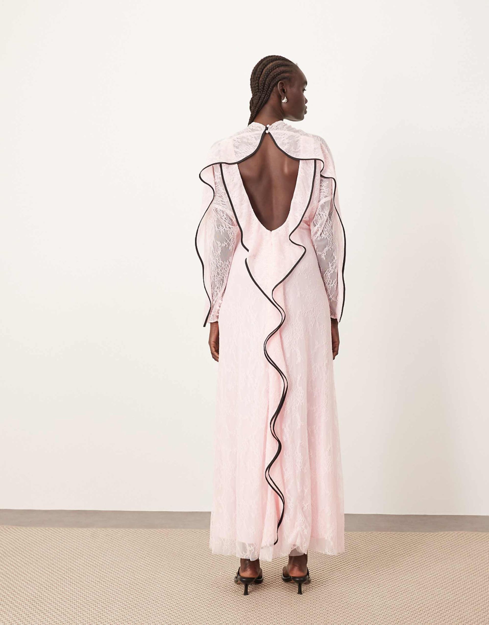 Arrange Lace Long Sleeve Maxi Dress With Frill Framed Back and Tipping in Pink