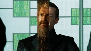 Lambert Wilson as The Merovingian, past and present, in The Matrix Resurrections.