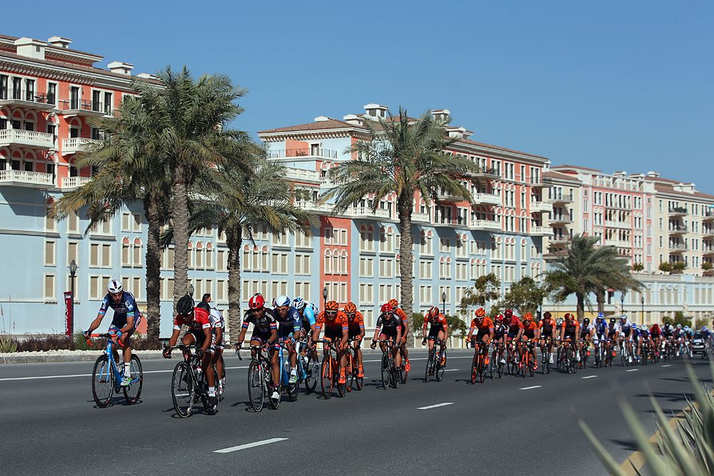 The peloton race along wide, open roads during stage 2 at the Tour of Qatar