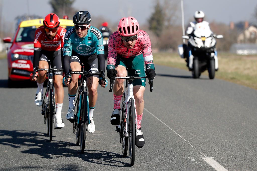 DUNLEPALESTEL FRANCE MARCH 08 Alexis Gougeard of France and Team BB Hotels PB KTM Owain Doull of United Kingdom and Team EF Education Easypost and Thomas De Gendt of Belgium and Team Lotto Soudal compete in the breakaway during the 80th Paris Nice 2022 Stage 3 a 191km stage from Vierzon to DunlePalestel ParisNice WorldTour on March 08 2022 in DunlePalestel France Photo by Bas CzerwinskiGetty Images
